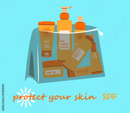 Sun spray. Cartoon SPF cosmetics. Sunscreen lotion bottles in beauty bag. Skin care moisturizers. Sunshine block creams. Summer beach skincare. Ultraviolet protection. Vector illustration