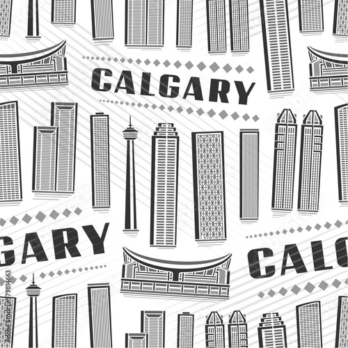 Vector Calgary Seamless Pattern, repeating background with illustration of famous calgary city scape on white background for wrapping paper, monochrome line art urban poster with black text calgary photo