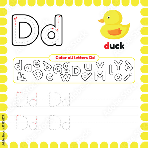 Alphabet Tracing Worksheet with letters. Writing practice letter D.