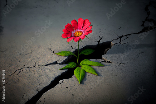 Bright red flower growing on a concrete sidewalk. Surrounded by green grass, it shows that nature takes back its rights even in hostile environments. Generative AI