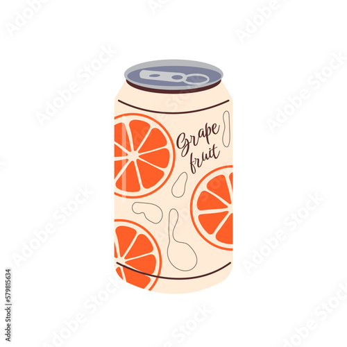 Soft drink. Vector illustration of aluminum can of soda drink with juicy grapefruit and colorful label
