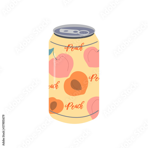 Soft drink. Vector illustration of aluminum can of soda drink with juicy peaches and colorful label