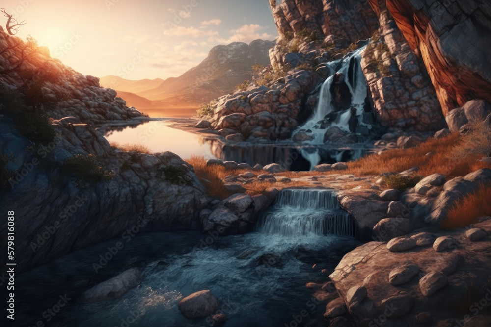 Beautiful waterfall in the rocks. AI generative.