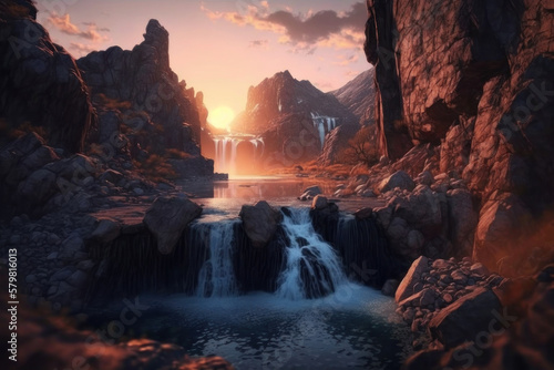 Beautiful waterfall on the rocks at sunset. AI generative.