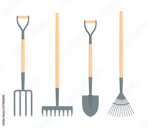 A set of garden tools. Digging spade, digging fork, leaf rake and soil rake isolated on a white background. Vector illustration in flat style