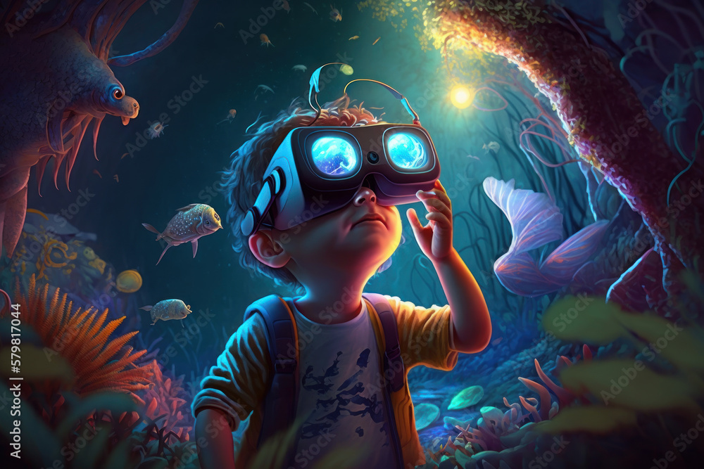 Child wearing VR glasses and wandering in the imagination. Ai generated. Child wearing VR glasses and wandering in the imagination. Ai generated.