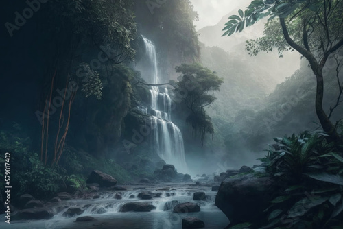 Jungle waterfall in fog. AI generative.