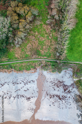 Aerial view of sewage leak at Polridmouth beach, Cornwall, United Kingdom. photo