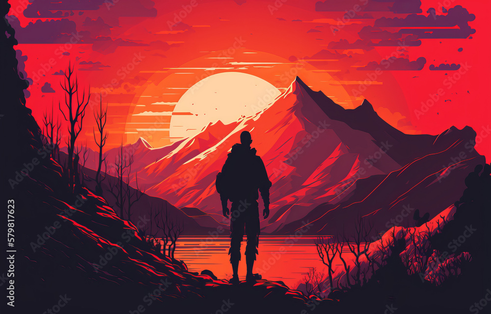 A bright red sunset over a mountain range, silhouette of a hiker in the foreground. Contrast and colors: deep red, orange and blue. Generative AI