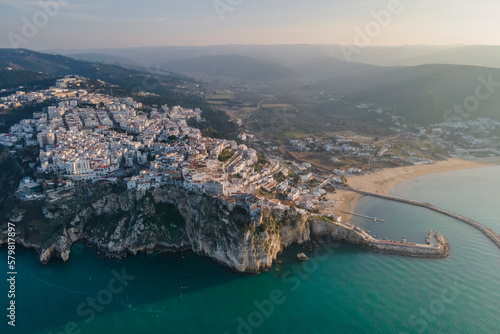 Aerial view of Peschici, a small town along the Ionian Sea, Foggia, Gargano Natural Park, Puglia, Italy.