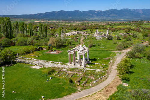 Aerial view of ancient ruins of a greek temple in Aphrodisias, Aydin, Turkey. photo
