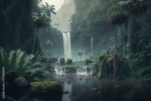 Beautiful jungle waterfall. AI generative.