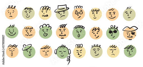 Round colored simple faces with various emotions. Cartoon style. Hand drawn vector illustration.