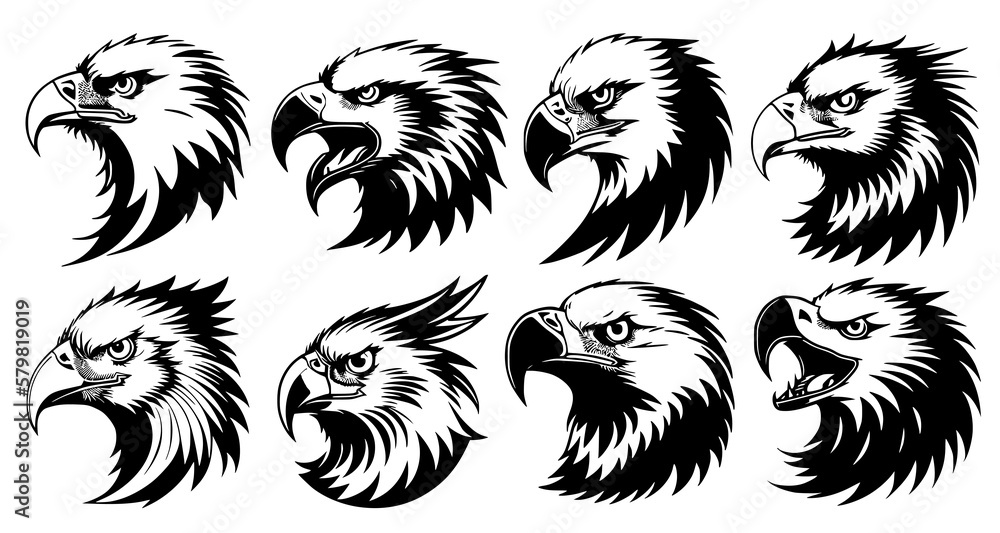 Set of eagle heads with big beaks, side view. Symbols for tattoo