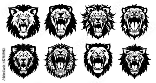 Set of lion heads with open mouth and bared fangs, with different angry expressions of the muzzle. Symbols for tattoo, emblem or logo, isolated on a white background.
