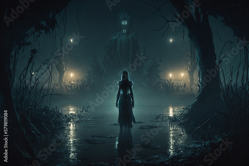A dark ghostly figure moving through the swamp in the evening. Spooky concept.Digital art