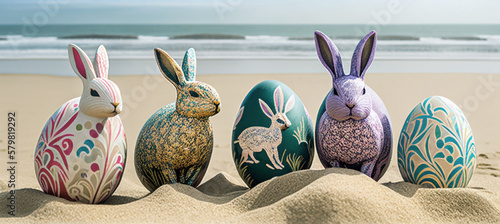 Generative AI illustration of patterned Easter eggs on beach