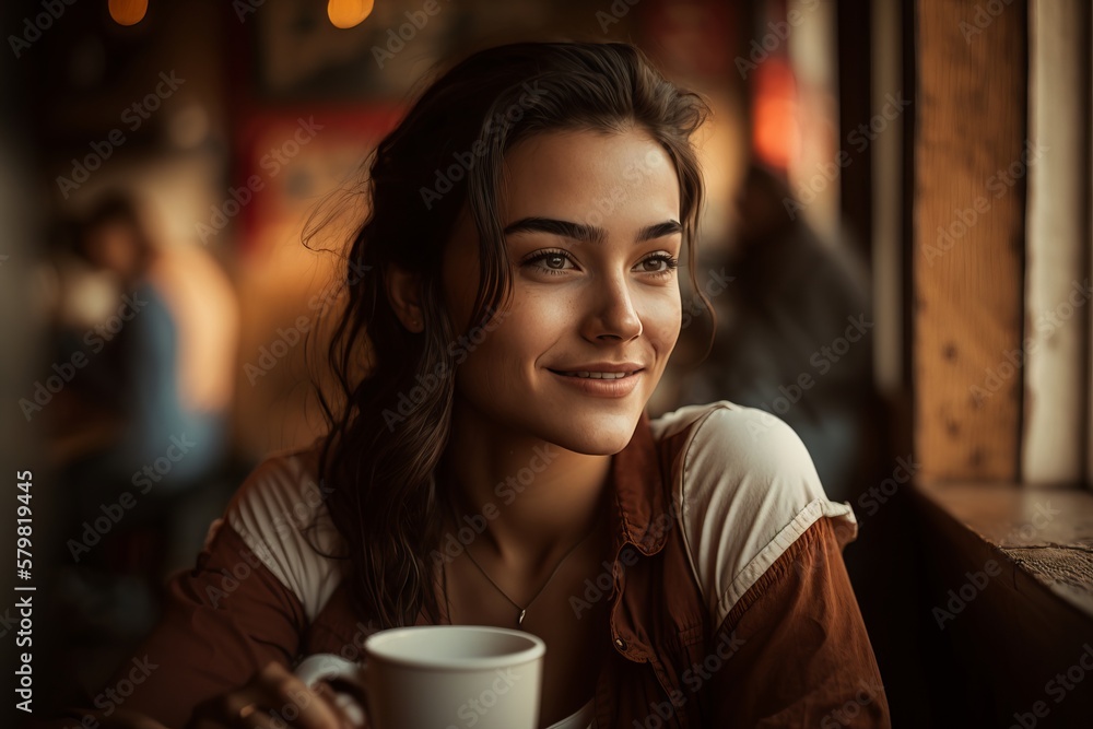 Attractive happy smiling young woman sitting in pastry shop, holding cup with coffee and enjoying free time at weekend. Attractive happy smiling young woman sitting in pastry shop, holding cup with coffee and enjoying free time at weekend.