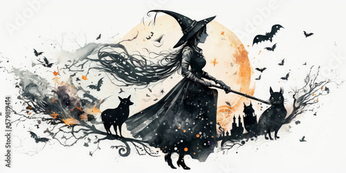 Fototapete Generative AI illustration of Halloween witch with cat against full moon