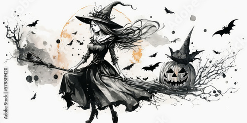 Generative AI illustration of Halloween young witch flying on broom against moon