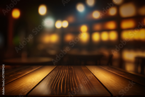 Empty wood table top on blur light gold bokeh of cafe restaurant. Generative ai.