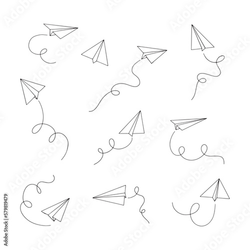 Vector paper airplane set. Icon symbol of travel and route. isolated on white background.