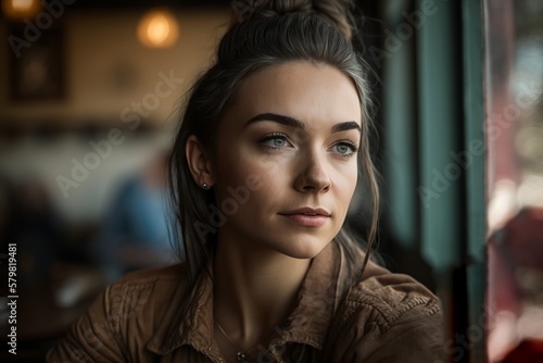 Attractive happy smiling young woman sitting in pastry shop, holding cup with coffee and enjoying free time at weekend. © MD Media