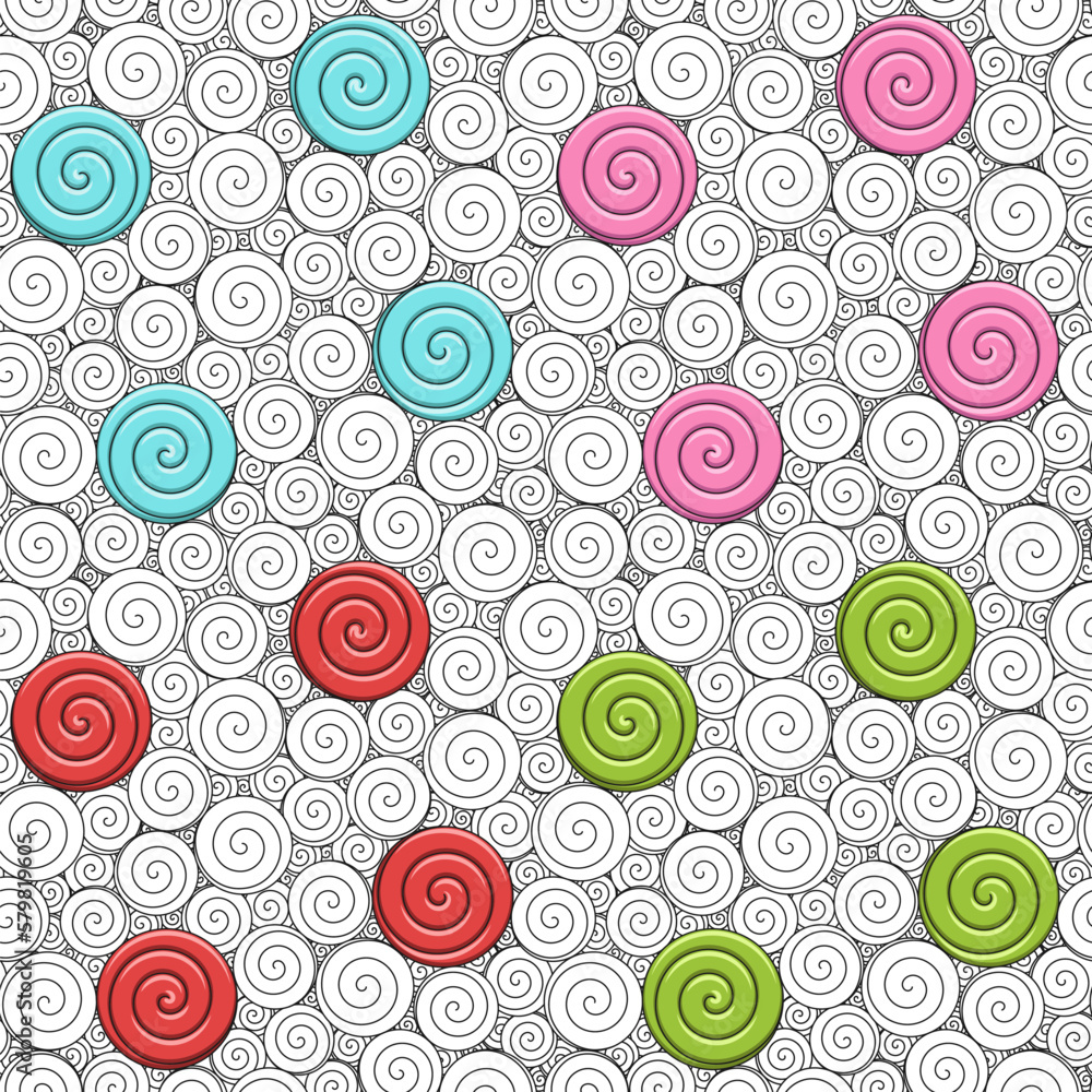 Set of seamless patterns with swirls and candies. Colored vector backgrounds.
