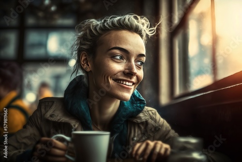 Attractive happy smiling young woman sitting in pastry shop, holding cup with coffee and enjoying free time at weekend.