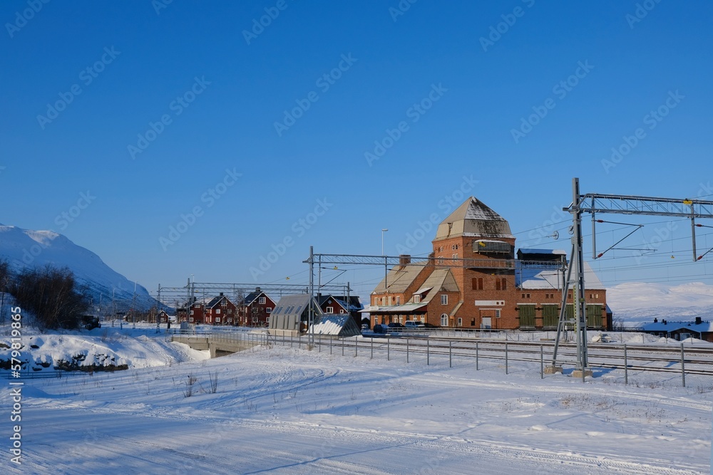 Railway station in Abisko in winter scenery. Abisko National Park (Abisko nationalpark) in winter scenery. Sweden, Arctic Circle, Swedish Lapland