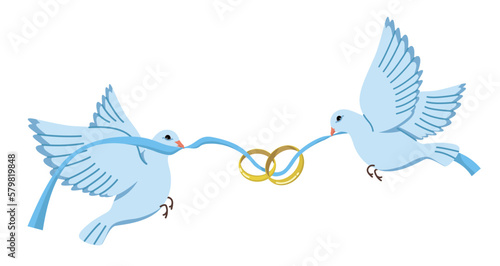 wedding doves holding ribbon with wedding rings