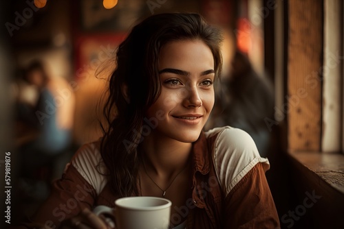 Attractive happy smiling young woman sitting in pastry shop  holding cup with coffee and enjoying free time at weekend.