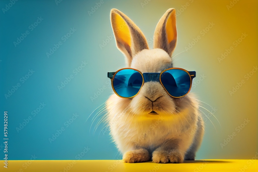 A cute bunny with sunglasses on blurred background. Generative AI, Generative, AI A cute bunny with sunglasses on blurred background. Generative AI, Generative, AI