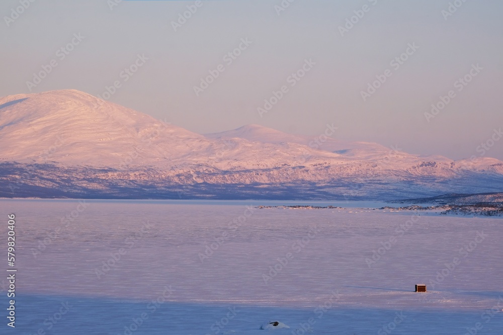 Lake Torneträsk (Tornestrask) around Abisko National Park (Abisko nationalpark) in winter scenery. Sweden, Arctic Circle, Swedish Lapland