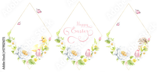 Watercolor Easter gold polygonal geometry frame illustration. Botanical spring floral frame  gold glitter wreath  chaplet  peony rose  cute Easter bunny animal clipart  baby shower  happy birthday 
