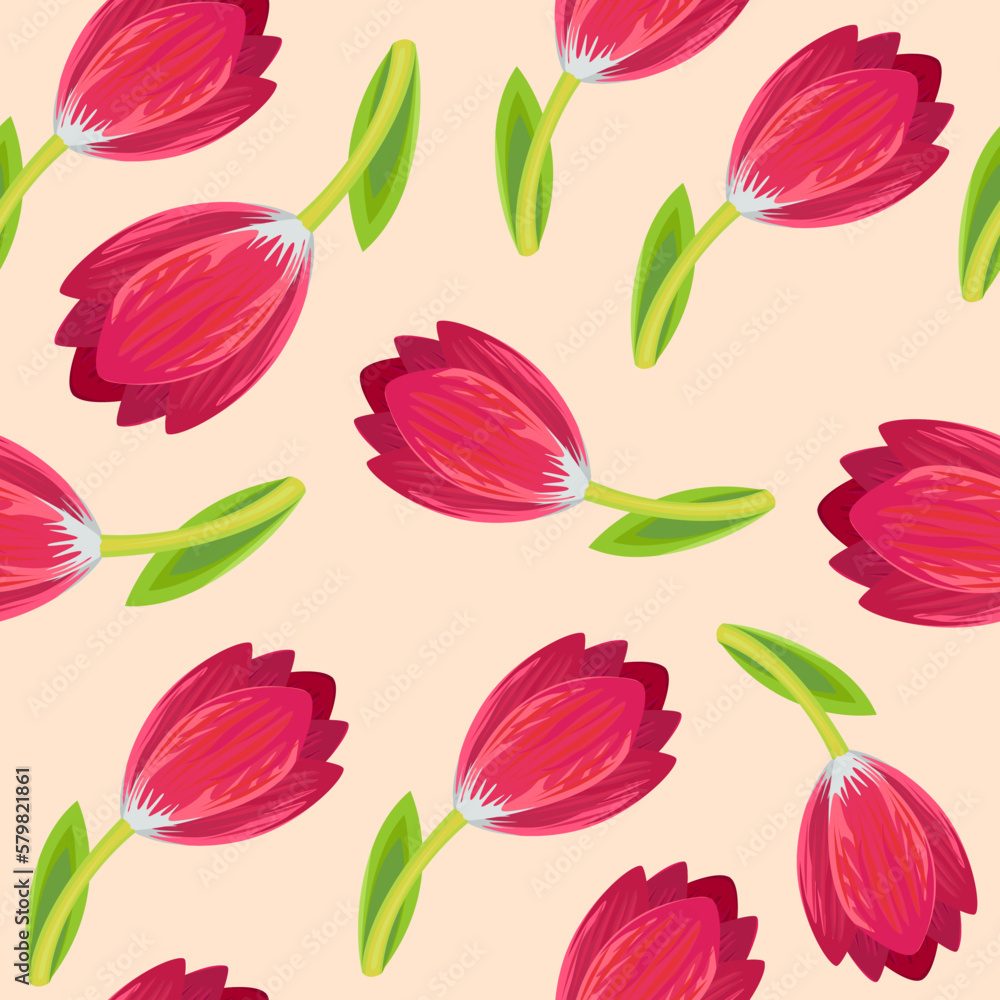 Seamless spring background with pink tulips on a light background. Vector background with plant elements. Pattern with tulips. Endless texture for easter and spring design or greeting cards