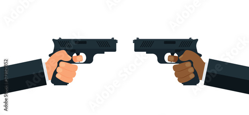 Vector illustration of hands hold and pointing two guns on white background