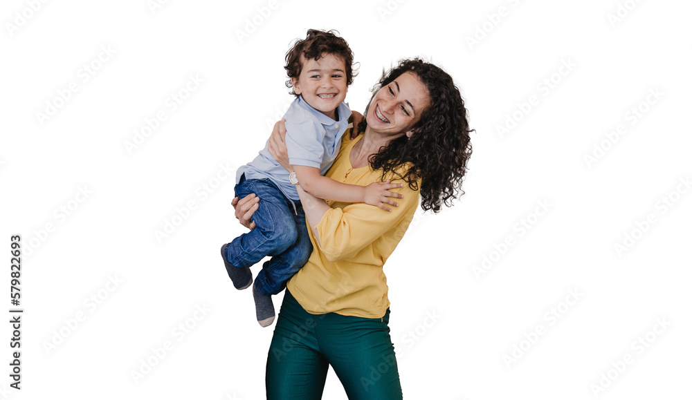 Happy young curly hispanic woman in casual clothes lifts up ;little son smiling standing against transparent background. Cheerful caucasian brunet kid embracing excited mother. Happy young curly hispanic woman in casual clothes lifts up ;little son smiling standing against transparent background. Cheerful caucasian brunet kid embracing excited mother.