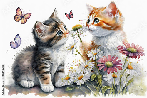 Murais de parede Two kittens looking at each other in a field of flowers with butterflies waterco