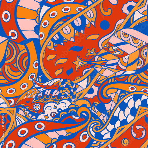 Tracery seamless pattern. Mehndi design. 6 colors. Ethnic doodle texture. Curved doodling background. Vector