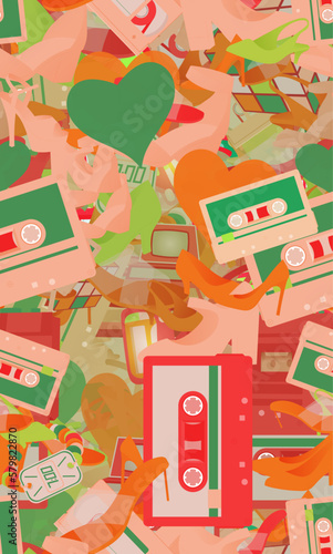 Background pattern abstract design texture. Seamless. Theme is about platform heels, video, slingback shoes, boombox, shoe shop, romance, computer, relations, cassette, hearts, magnetola