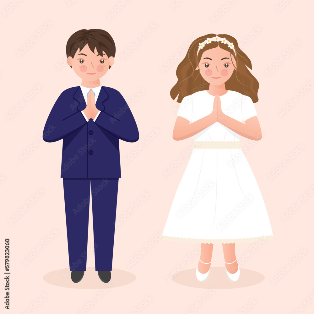 first Holy Communion praying girl and boy - vector illustration first Holy Communion praying girl and boy - vector illustration