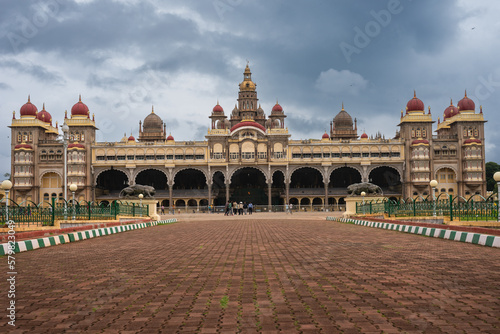 Exteriors and Facade of the historic and grand Mysore palace also called Amba Vilas palace in Karnataka  India photo