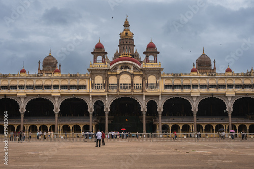Exteriors and Facade of the historic and grand Mysore palace also called Amba Vilas palace in Karnataka India