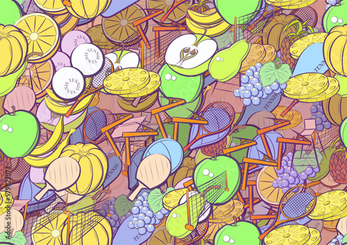 Background pattern abstract design texture. Seamless. Tennis and Fruits. Theme is about grapes, leaflet, round grapes, observer, game, tennis racket case, chair, mandarin, sports judge, game table