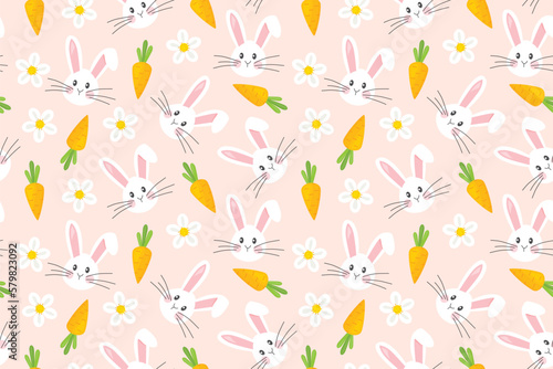 seamless easter pattern with rabbits, carrots and flowers - vector illustration