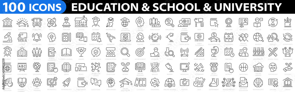 Education 100 icons. School icon set. University icon. Back to school icon set. Classroom, students and teacher. Science icon. Education and knowledge symbol. Vector illustration.