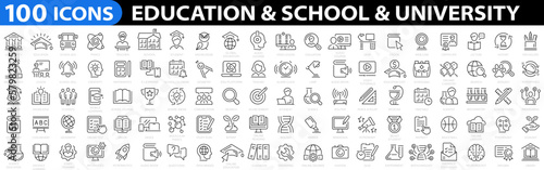 Education 100 icons. School icon set. University icon. Back to school icon set. Classroom, students and teacher. Science icon. Education and knowledge symbol. Vector illustration.