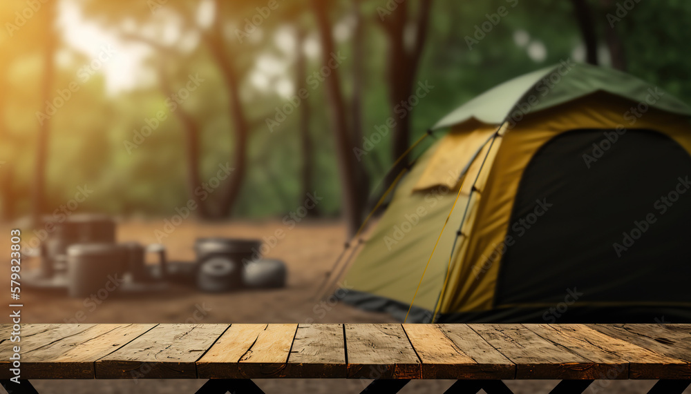 Camping background with blurred forest background and tent. Outdoor nature background. AI generative image. - obrazy, fototapety, plakaty 