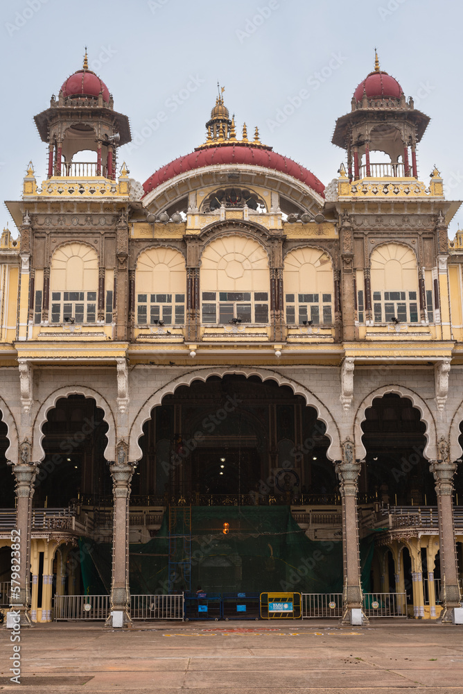 Naklejka premium Exteriors and Facade of the historic and grand Mysore palace also called Amba Vilas palace in Karnataka India